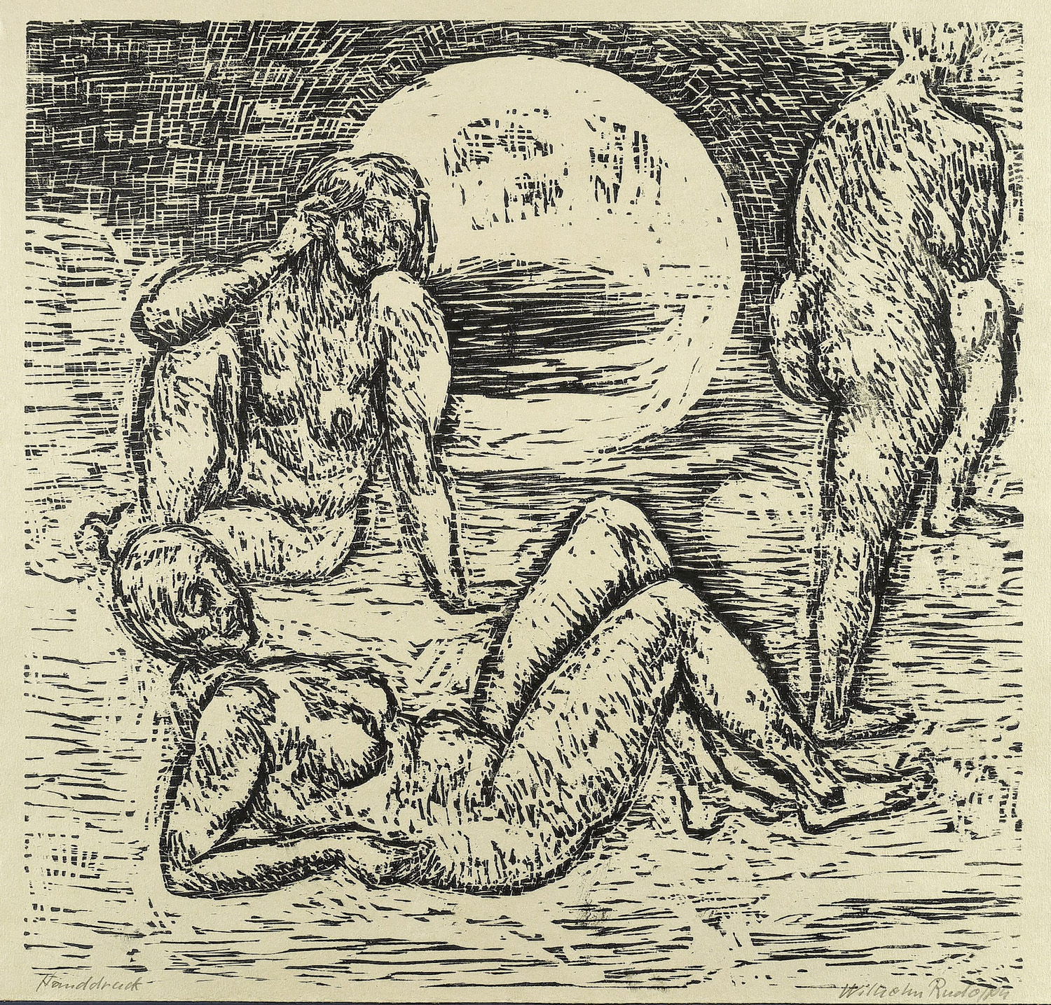 Frauenakte vor untergehender Sonne