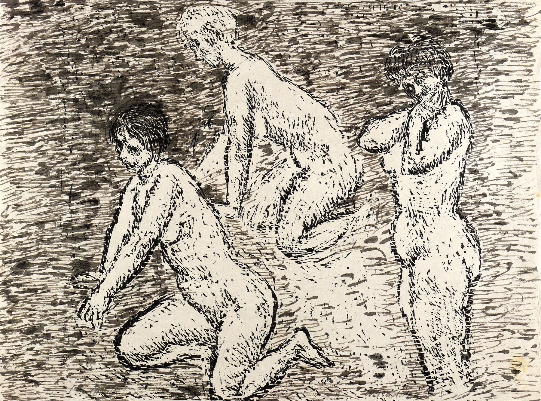 Wilhelm Rudolph, Zwei kniende und ein stehender Frauenakt, um 1950