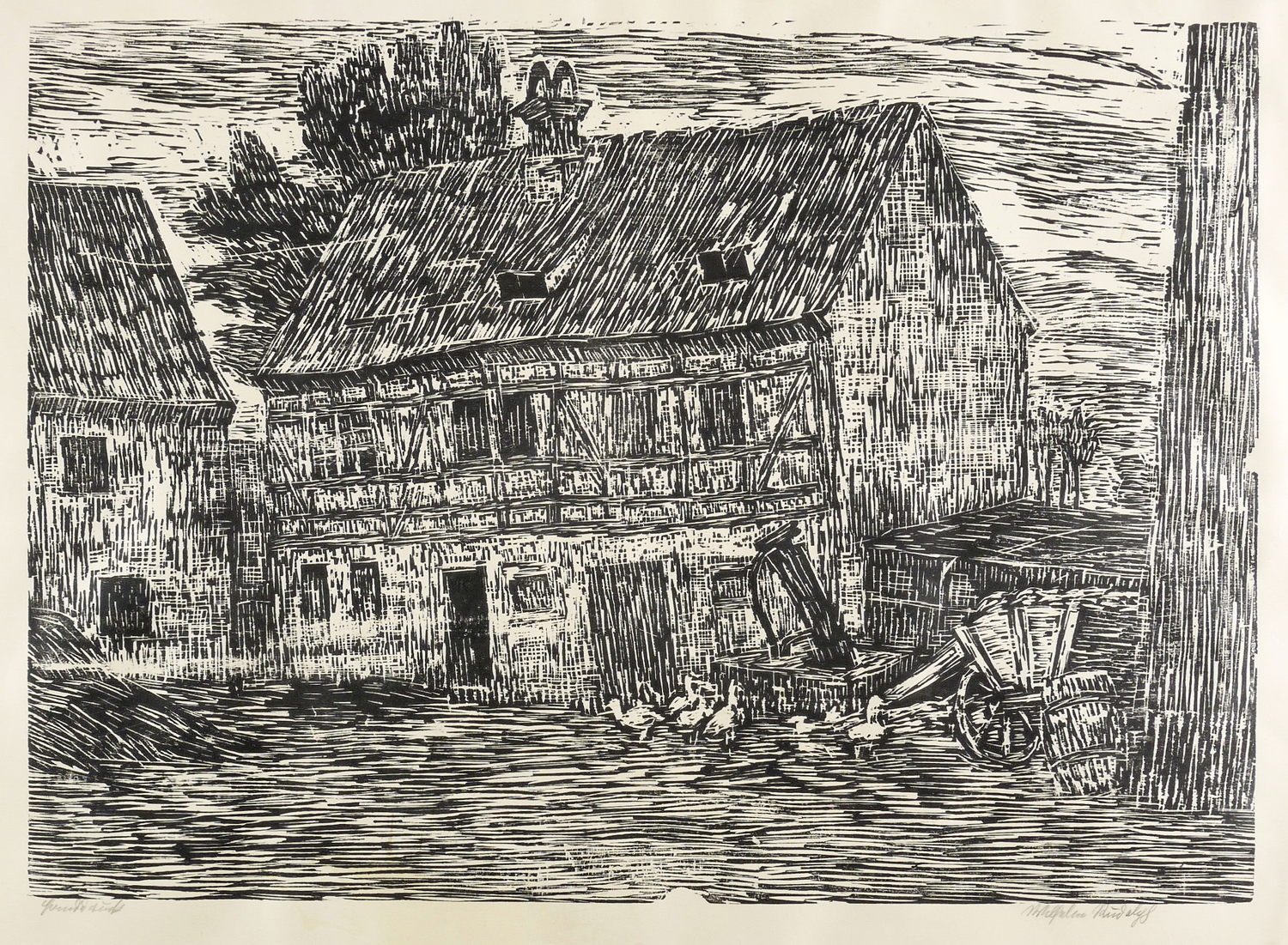 Wilhelm Rudolph, Bauernhof mit Hühnerschar, um 1935