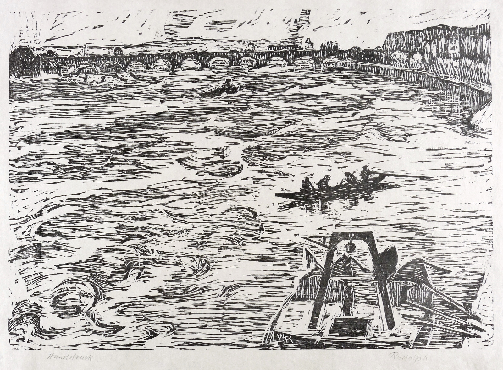 Wilhelm Rudolph, Augustusbrücke mit Booten und Schiffsanleger, 1935-1945/um 1950