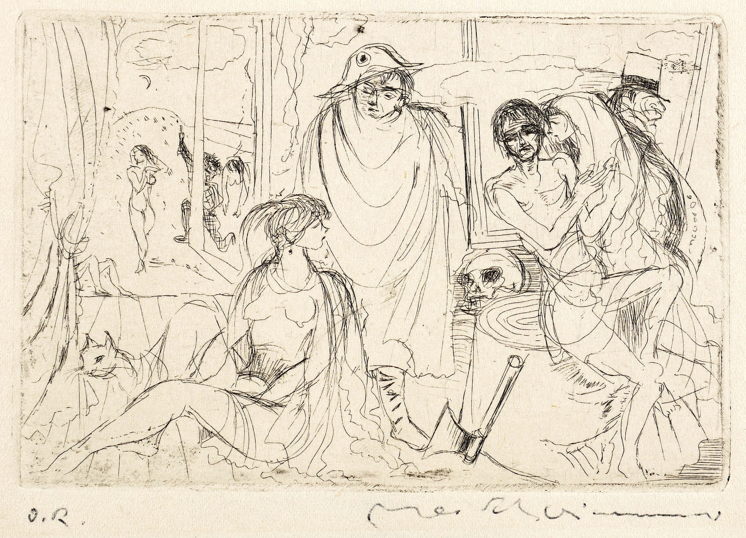 Männer und Mädchen, Beil und Totenkopf (Maskerade)