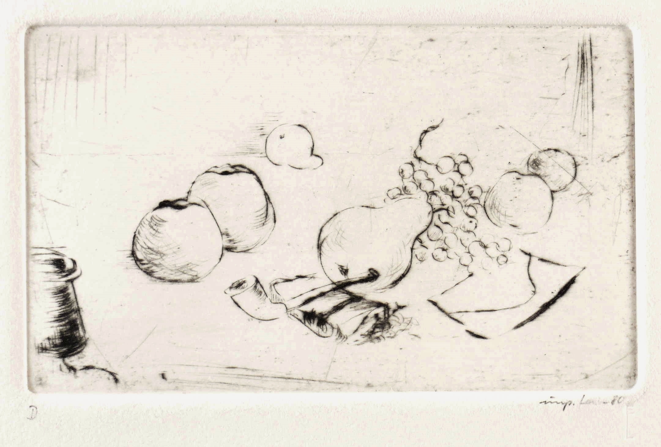 Früchtestillleben mit Tabakpfeife und Brief