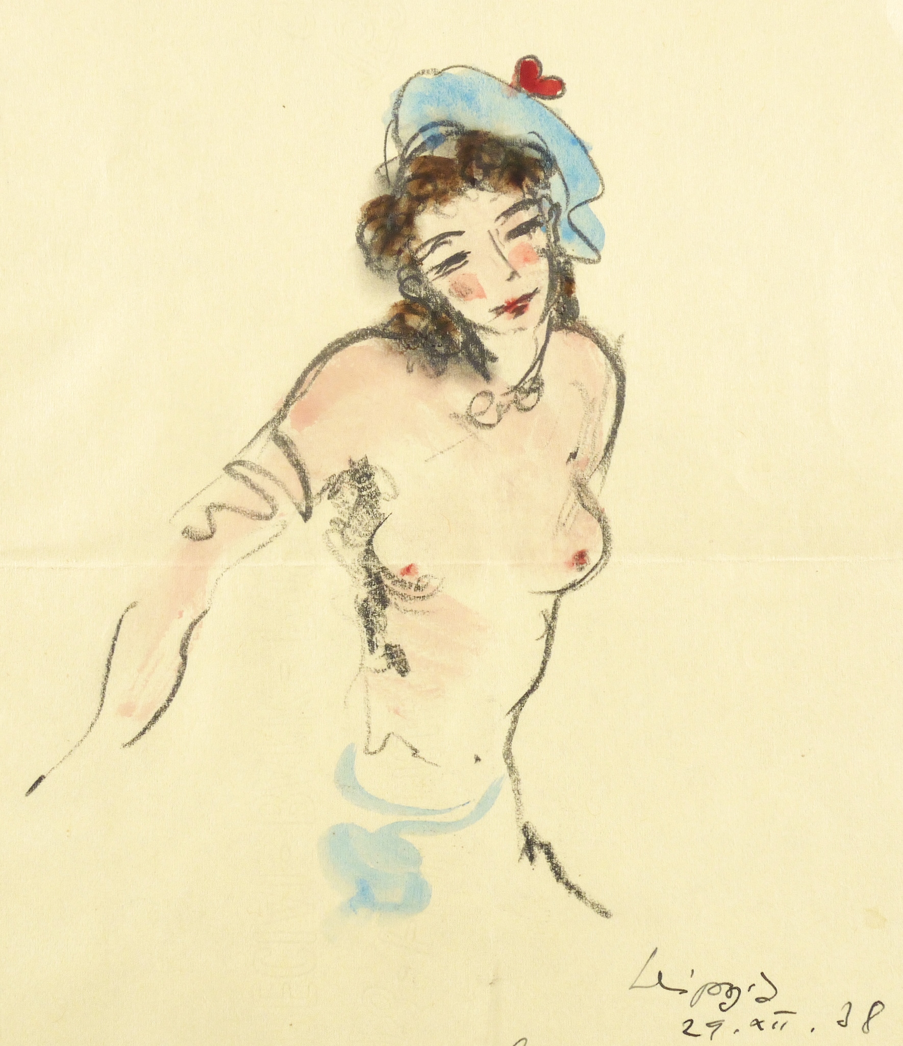 Halbakt mit blauer Mütze