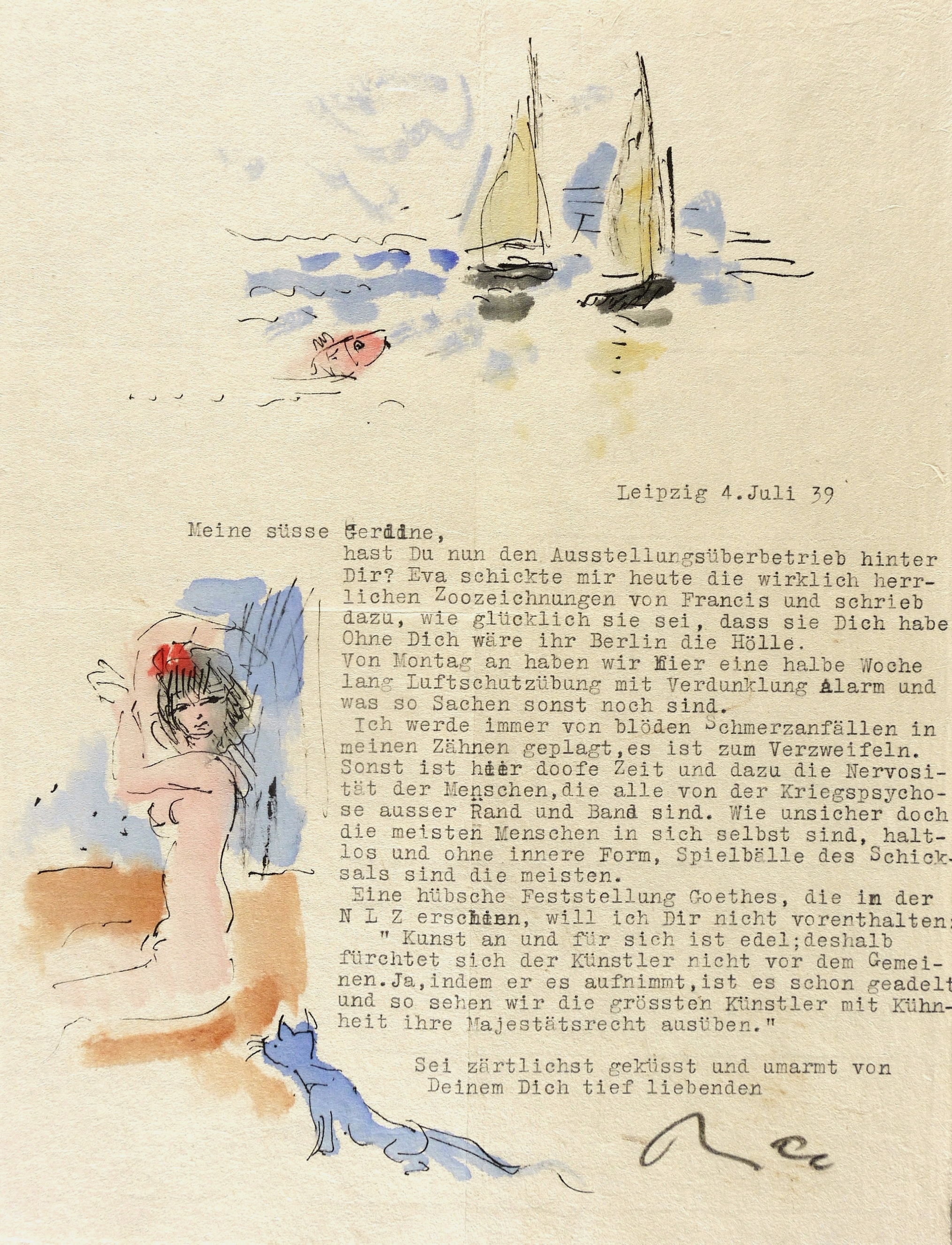 Zwei Segelboote und Akt mit Katze