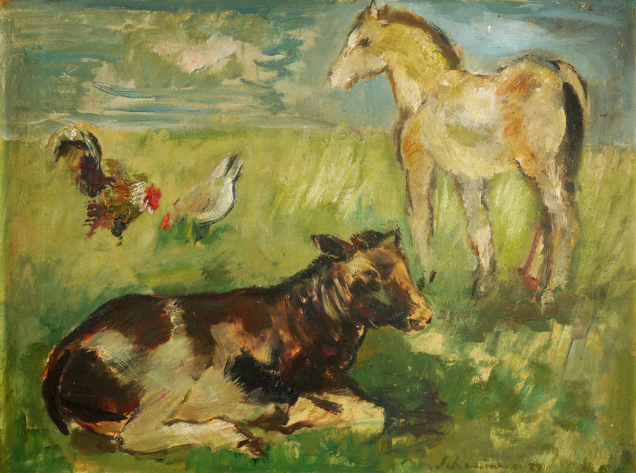 Fohlen, Kalb und Hühner