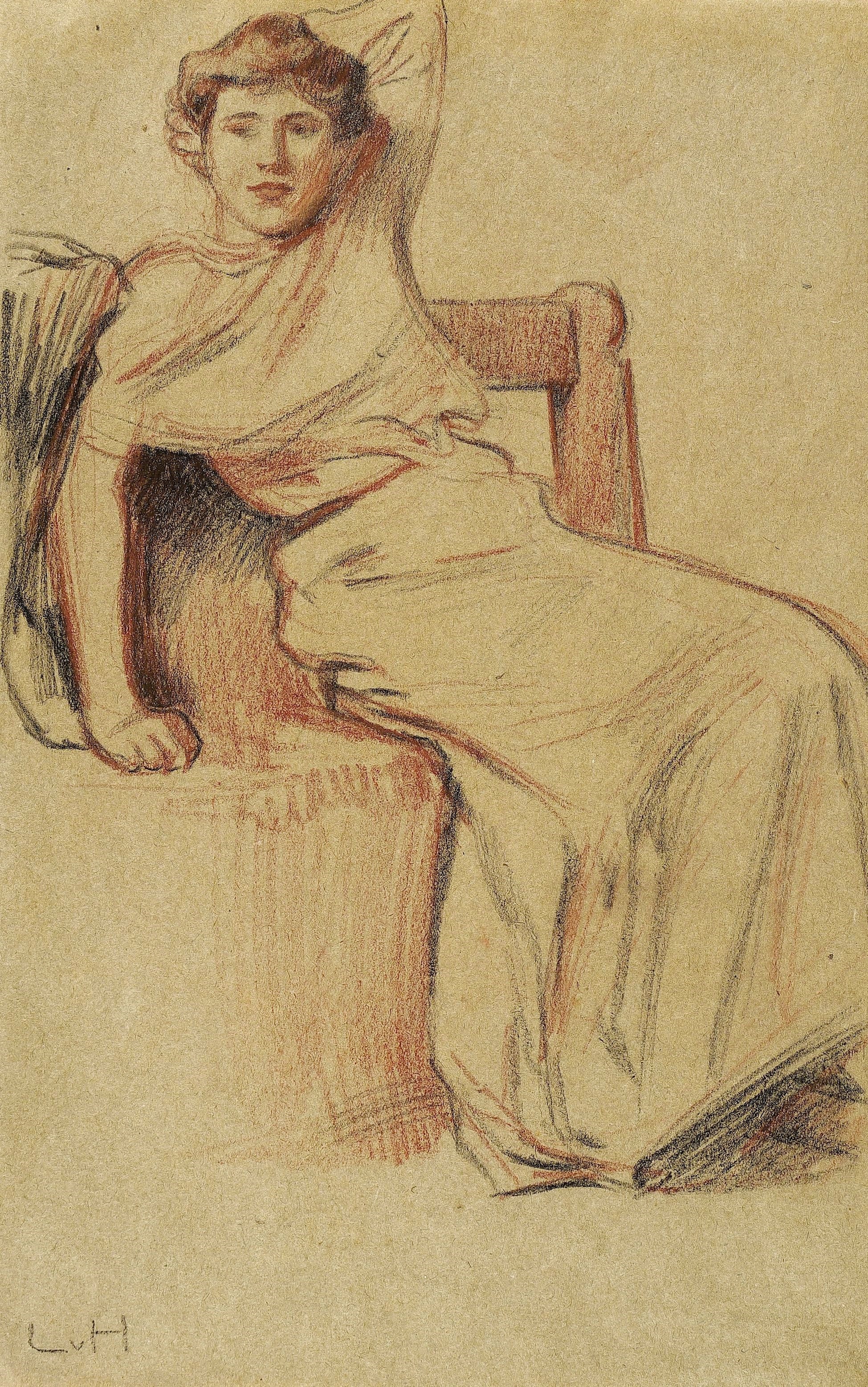 Ludwig von Hofmann, Junge Frau auf einer Bank sitzend, um 1910