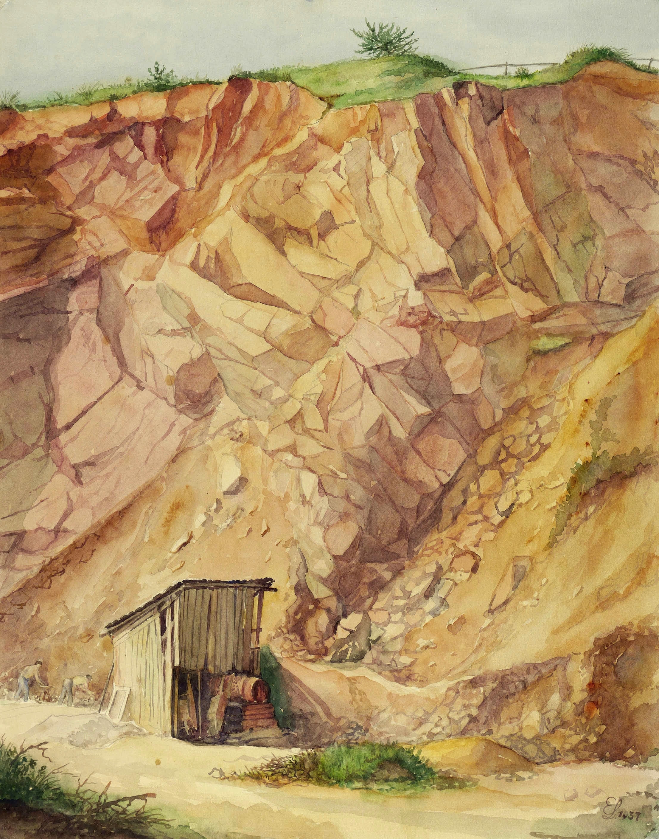 Erich Lindenau, Roter Steinbruch mit Hütte, 1937