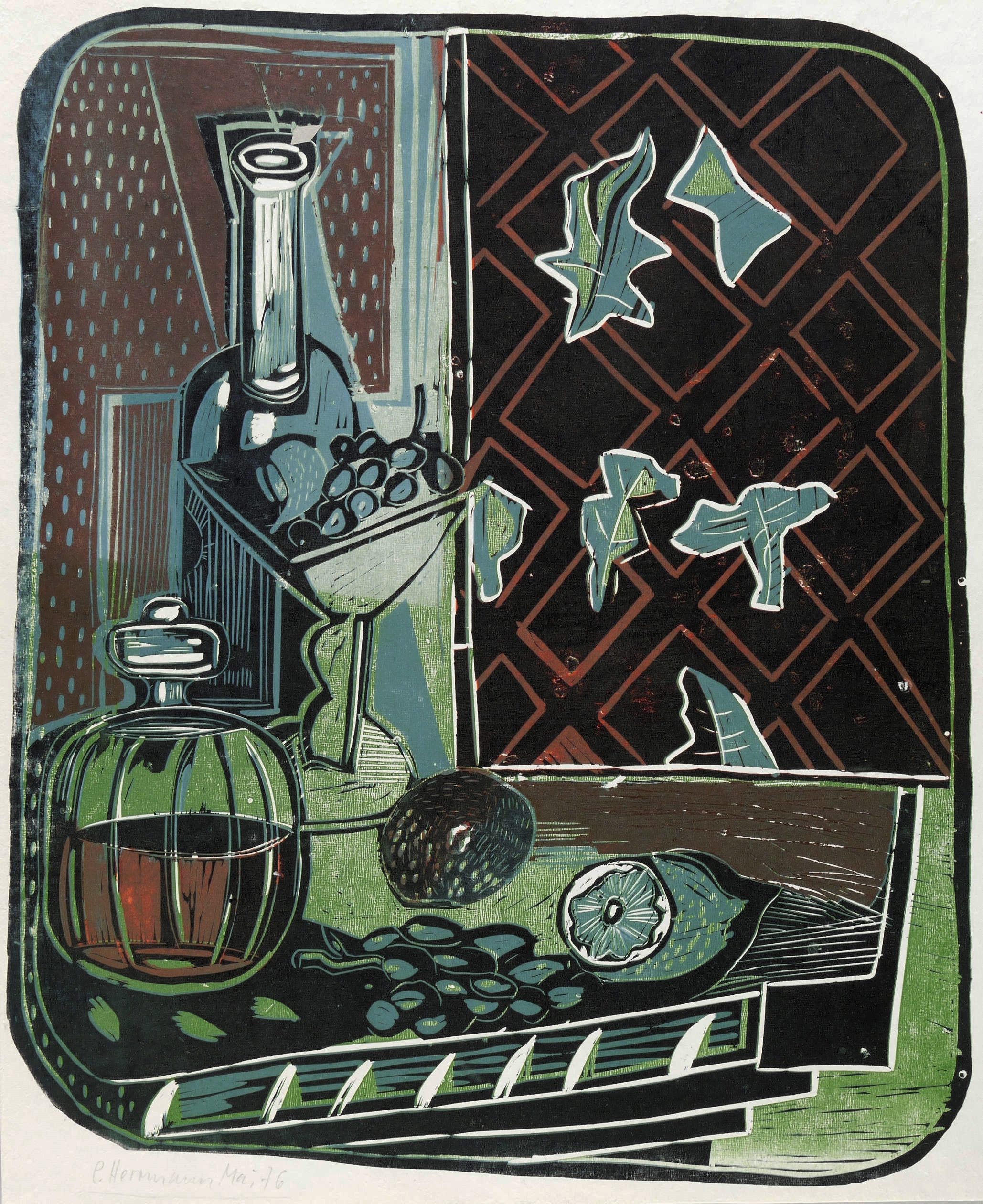 Stillleben mit Weinflaschen und Früchten