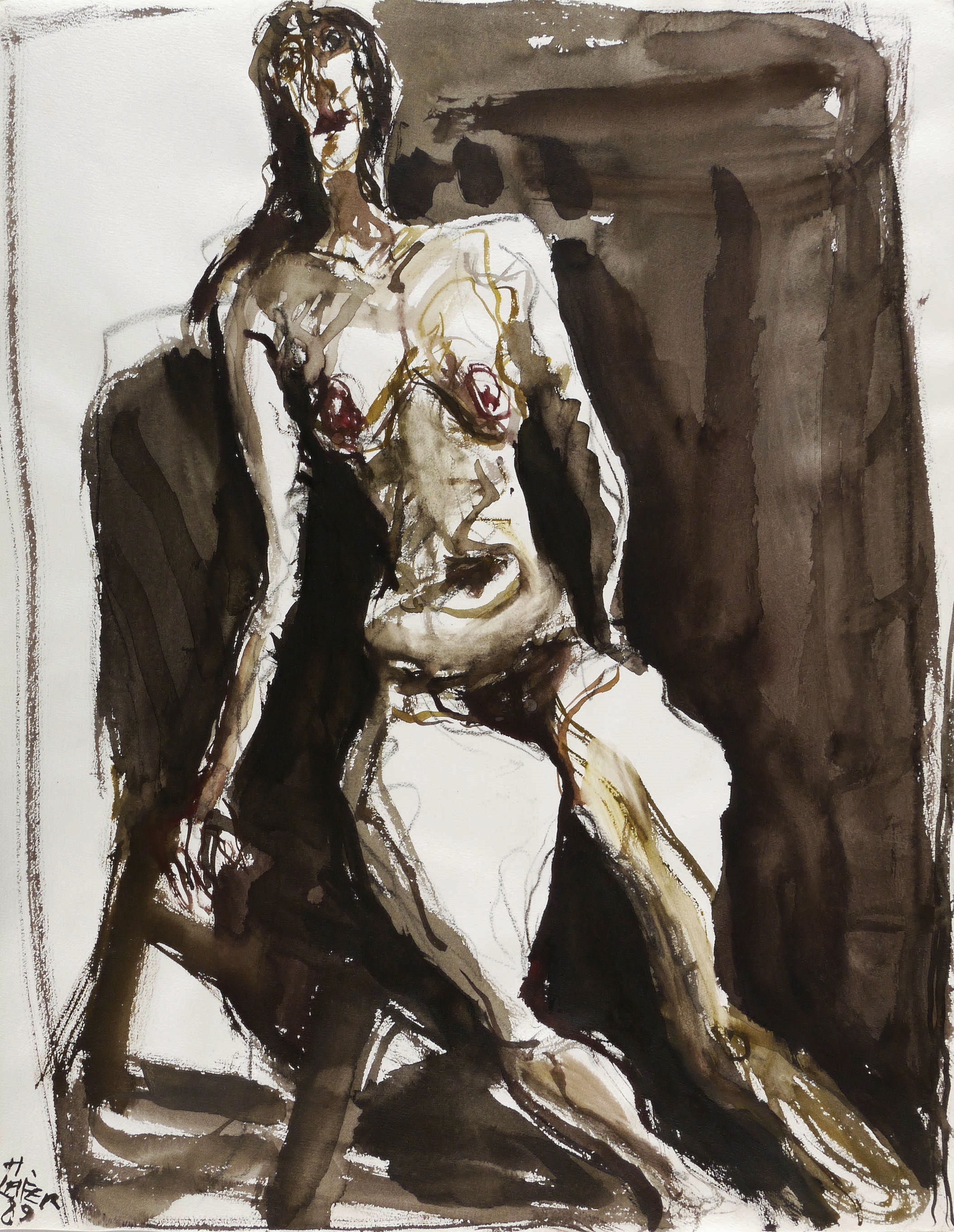 Sitzender Akt vor dunkler Fläche