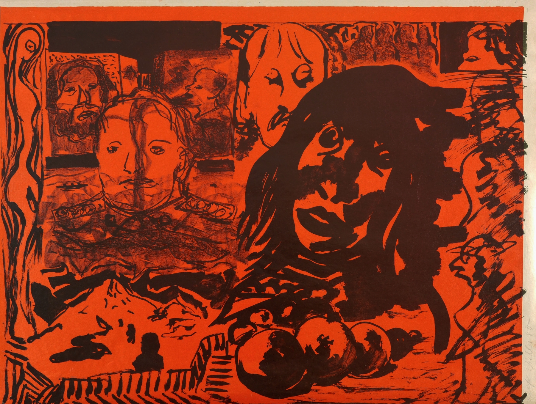 A.R. Penck, Ohne Titel (Frauenkopf, Früchte, dazu diverse Männerköpfen), 1980